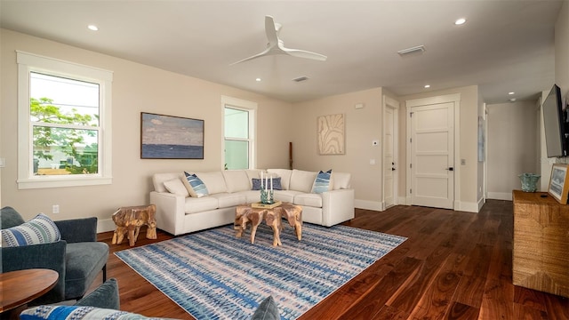 603 Emerald Ln, Holmes Beach, FL 34217 - living area featuring dark wood-style floors, recessed lighting, baseboards, and ceiling fan