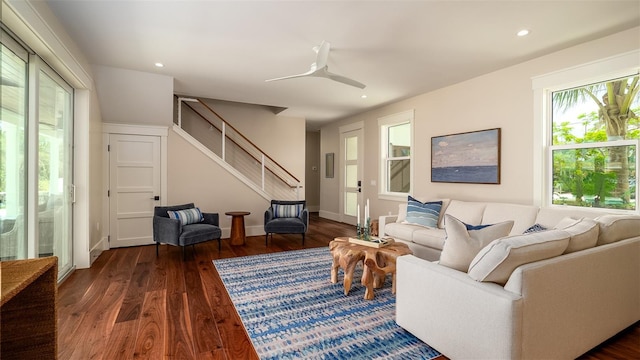 603 Emerald Ln, Holmes Beach, FL 34217 - living room featuring stairs, dark wood-style floors, recessed lighting, and ceiling fan