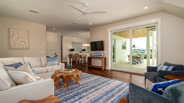 603 Emerald Ln, Holmes Beach, FL 34217 - living area with wood finished floors, a ceiling fan, and recessed lighting