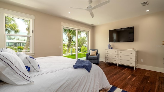 603 Emerald Ln, Holmes Beach, FL 34217 - bedroom with access to exterior, wood finished floors, baseboards, recessed lighting, and a ceiling fan