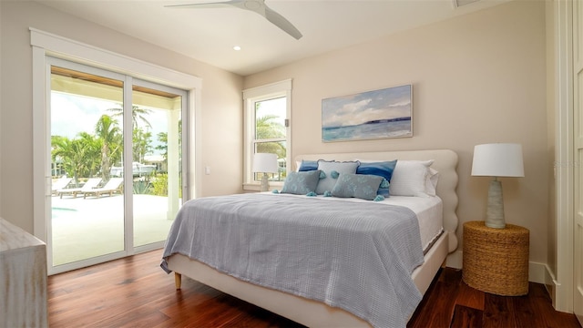 603 Emerald Ln, Holmes Beach, FL 34217 - bedroom featuring access to outside, wood finished floors, a ceiling fan, and recessed lighting