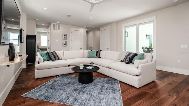 603 Emerald Ln, Holmes Beach, FL 34217 - living area featuring baseboards, dark wood-type flooring, recessed lighting, and a ceiling fan