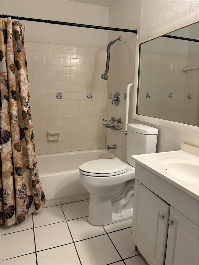bathroom with shower / tub combo with curtain, toilet, tile patterned flooring, and vanity