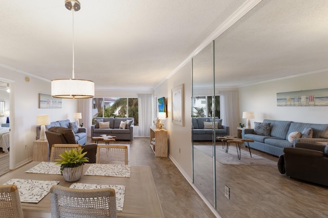 living area featuring ornamental molding and baseboards