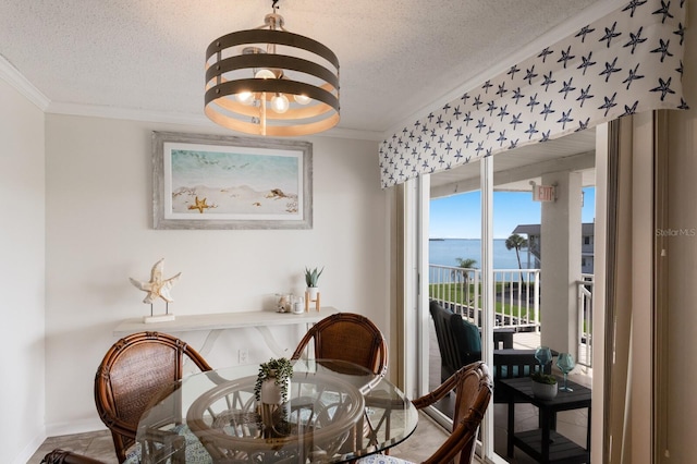 dining space with crown molding, a textured ceiling, a water view, and baseboards