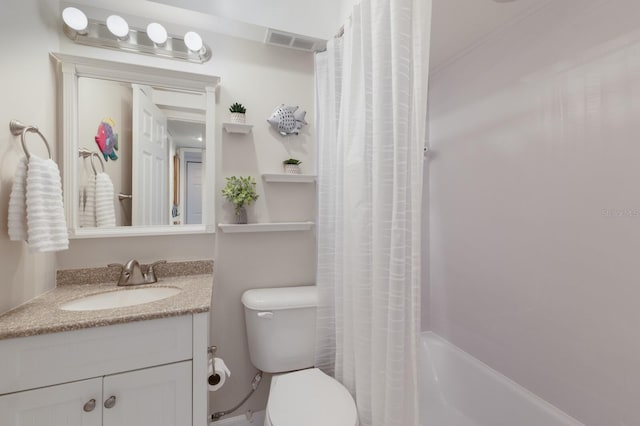 full bathroom featuring toilet, vanity, and shower / bathtub combination with curtain