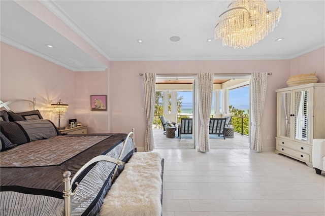 bedroom with a chandelier, access to outside, crown molding, and baseboards