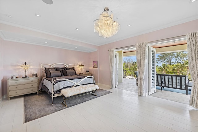 bedroom with access to outside, a chandelier, crown molding, and baseboards