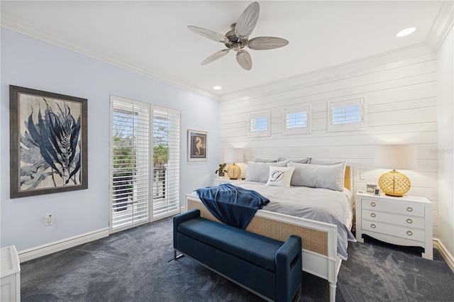bedroom with ornamental molding, carpet flooring, access to outside, baseboards, and ceiling fan