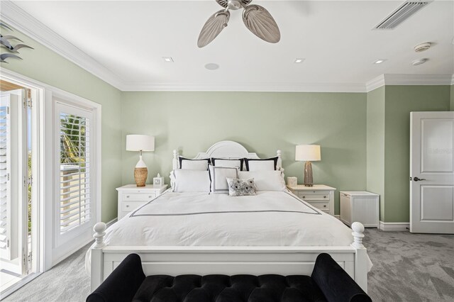 bedroom featuring light colored carpet, baseboards, crown molding, a ceiling fan, and access to outside