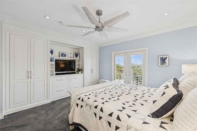 bedroom featuring access to exterior, crown molding, dark carpet, ceiling fan, and recessed lighting
