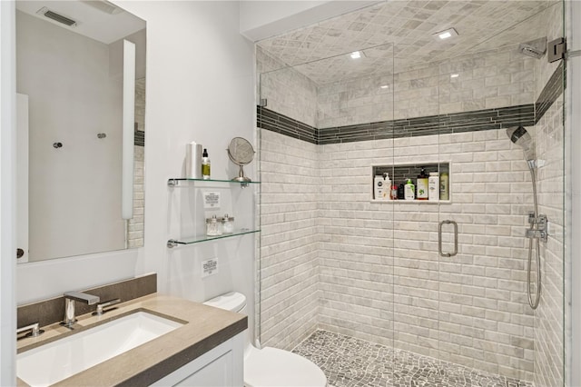 bathroom with toilet, vanity, and a stall shower