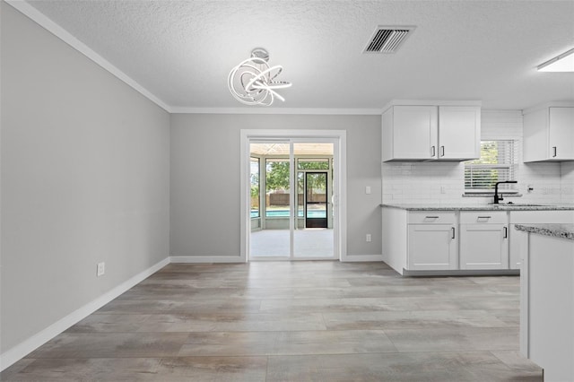 219 Vermont Ave, Saint Cloud, FL 34769 - kitchen featuring a chandelier, a textured ceiling, a sink, white cabinetry, and backsplash