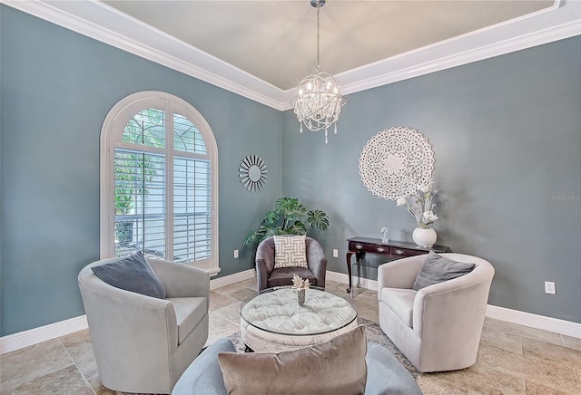 6539 Flycatcher Ln, Lakewood Ranch, FL 34202 - sitting room with crown molding, a chandelier, baseboards, and stone tile flooring