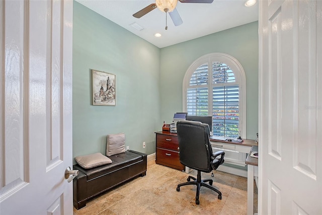 6539 Flycatcher Ln, Lakewood Ranch, FL 34202 - office area with a ceiling fan and recessed lighting