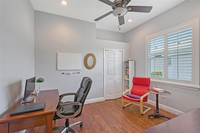 6539 Flycatcher Ln, Lakewood Ranch, FL 34202 - office with baseboards, wood finished floors, a ceiling fan, and recessed lighting