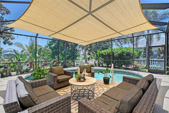 6539 Flycatcher Ln, Lakewood Ranch, FL 34202 - view of patio / terrace featuring an outdoor living space, an outdoor pool, and glass enclosure