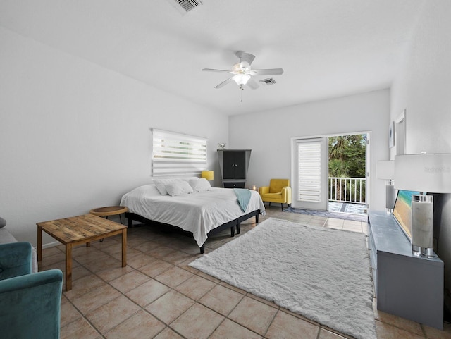 bedroom with access to exterior, ceiling fan, and light tile patterned flooring