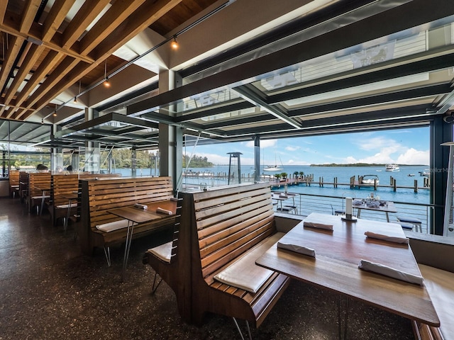 interior space with a water view