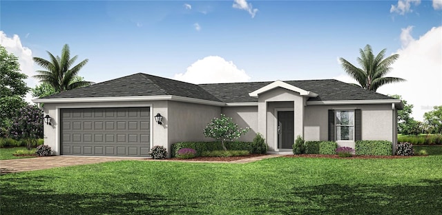 single story home featuring a garage, driveway, a front lawn, and stucco siding