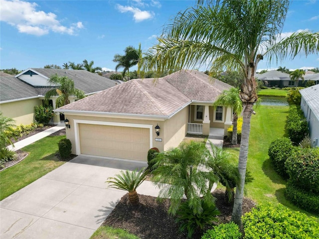 12183 Longview Lake Cir, Bradenton, FL 34211 - ranch-style home featuring stucco siding, a shingled roof, a garage, and concrete driveway