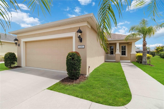 12183 Longview Lake Cir, Bradenton, FL 34211 - ranch-style home with stucco siding, a front yard, a garage, driveway, and covered porch