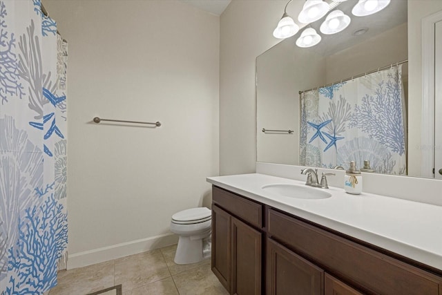 9769 Highland Park Pl, Palmetto, FL 34221 - bathroom featuring toilet, baseboards, vanity, tile patterned floors, and a chandelier