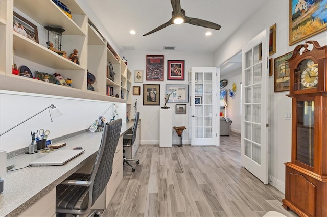 office area featuring french doors, ceiling fan, light wood finished floors, baseboards, and recessed lighting