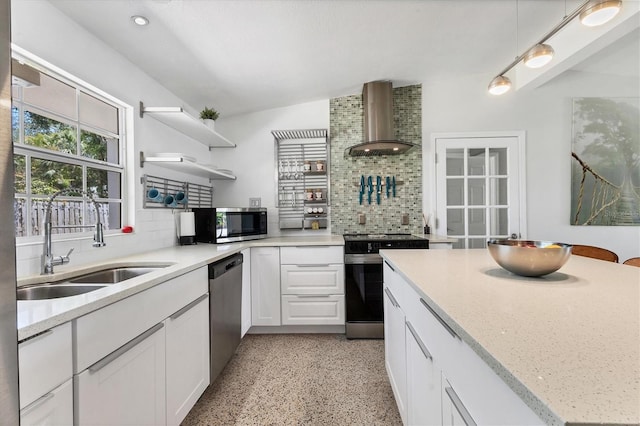 6931 Magellan Way, Sarasota, FL 34243 - kitchen with wall chimney range hood, stainless steel appliances, open shelves, decorative backsplash, and dark aggregate flooring