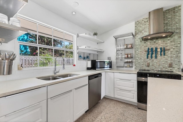 6931 Magellan Way, Sarasota, FL 34243 - kitchen with wall chimney exhaust hood, appliances with stainless steel finishes, dark aggregate flooring, open shelves, and a sink