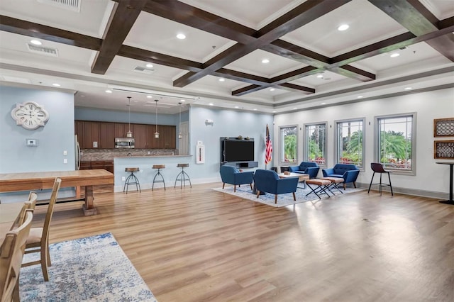 11507 84th Street Cir E Unit 102, Parrish, FL 34219 - living room with light wood finished floors, beam ceiling, baseboards, coffered ceiling, and recessed lighting