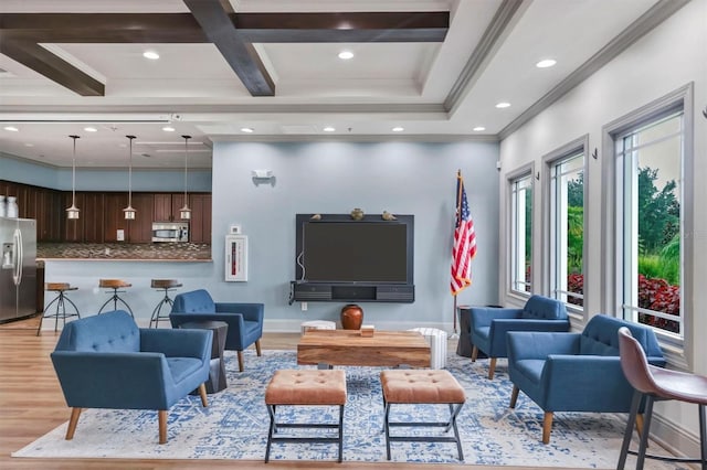 11507 84th Street Cir E Unit 102, Parrish, FL 34219 - living room featuring light wood finished floors, coffered ceiling, recessed lighting, crown molding, and beamed ceiling