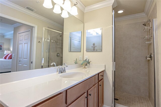 7005 River Hammock Dr Unit 204, Bradenton, FL 34212 - full bathroom featuring a stall shower, ornamental molding, connected bathroom, vanity, and a chandelier