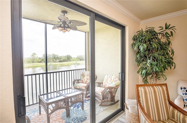 7005 River Hammock Dr Unit 204, Bradenton, FL 34212 - sunroom / solarium with ceiling fan, a water view, crown molding, and healthy amount of natural light