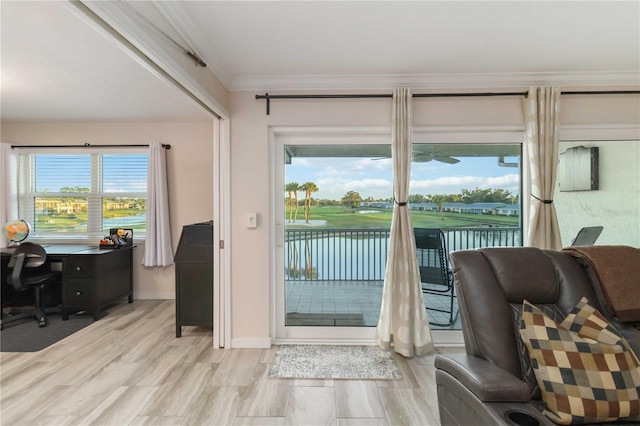 6999 W Country Club Dr N Unit 224, Sarasota, FL 34243 - doorway to outside featuring a desk, ornamental molding, baseboards, and light wood-style flooring