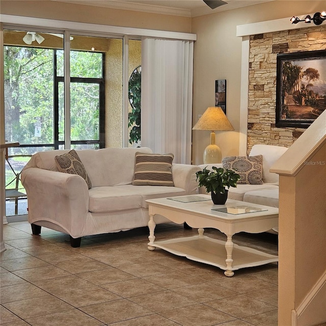 8110 Villa Grande Ct, Sarasota, FL 34243 - tiled living area featuring ornamental molding and ceiling fan