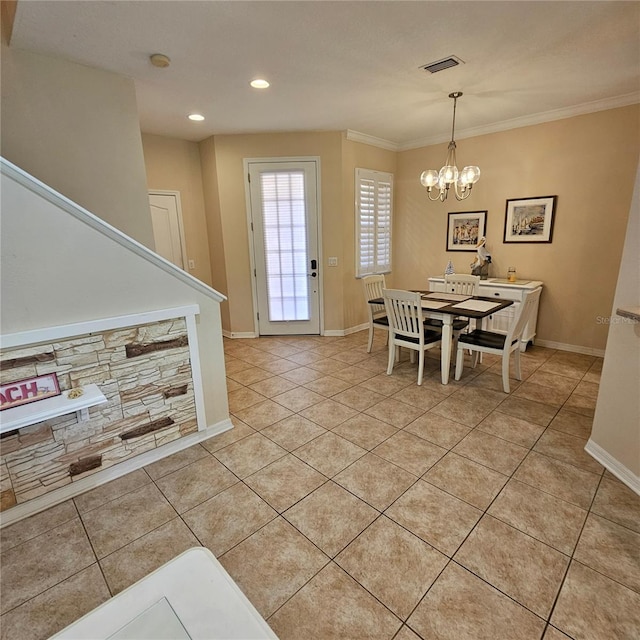 8110 Villa Grande Ct, Sarasota, FL 34243 - dining space with a chandelier, light tile patterned flooring, ornamental molding, baseboards, and recessed lighting