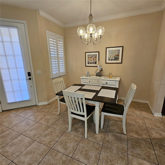 8110 Villa Grande Ct, Sarasota, FL 34243 - dining space with a chandelier, light tile patterned flooring, baseboards, and crown molding