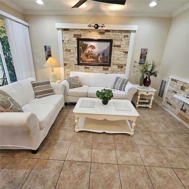 8110 Villa Grande Ct, Sarasota, FL 34243 - tiled living area featuring crown molding, recessed lighting, baseboards, and a ceiling fan