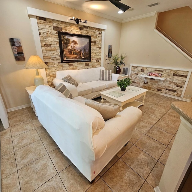 8110 Villa Grande Ct, Sarasota, FL 34243 - tiled living room with a ceiling fan, crown molding, and baseboards