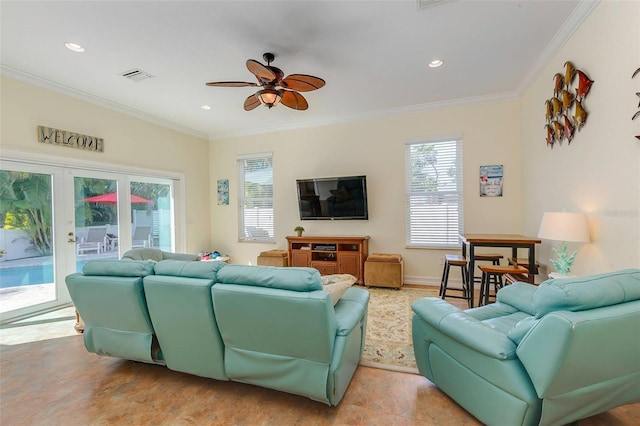 112 Palm Ave, Anna Maria, FL 34216 - living room featuring a ceiling fan, plenty of natural light, ornamental molding, recessed lighting, and french doors