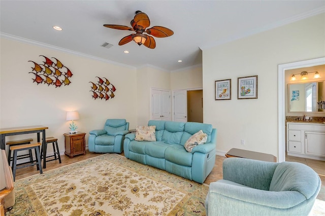 112 Palm Ave, Anna Maria, FL 34216 - living room featuring a ceiling fan, ornamental molding, recessed lighting, and baseboards