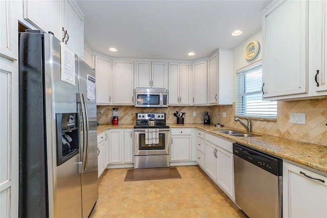 112 Palm Ave, Anna Maria, FL 34216 - kitchen featuring appliances with stainless steel finishes, a sink, white cabinetry, backsplash, and recessed lighting