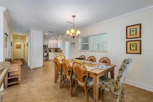 112 Palm Ave, Anna Maria, FL 34216 - dining area with a chandelier, crown molding, baseboards, light floors, and recessed lighting