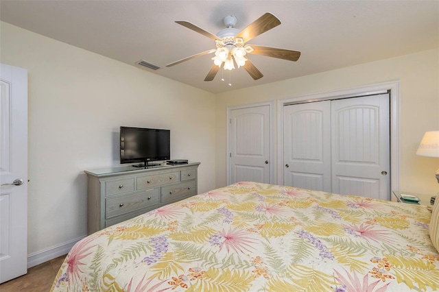 112 Palm Ave, Anna Maria, FL 34216 - tiled bedroom with baseboards, a closet, and ceiling fan