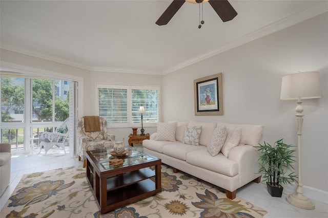 1350 N Portofino Dr Unit 208, Sarasota, FL 34242 - tiled living area featuring ceiling fan and ornamental molding