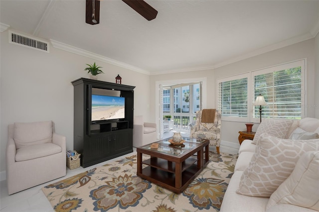 1350 N Portofino Dr Unit 208, Sarasota, FL 34242 - living room with crown molding and a ceiling fan