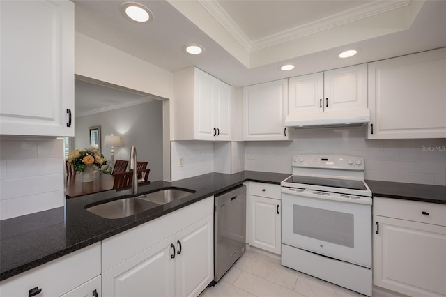 1350 N Portofino Dr Unit 208, Sarasota, FL 34242 - kitchen with white electric range, under cabinet range hood, ornamental molding, stainless steel dishwasher, and a sink