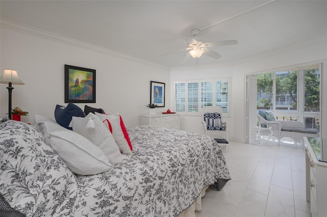 1350 N Portofino Dr Unit 208, Sarasota, FL 34242 - bedroom featuring crown molding, light marble finish floors, access to outside, and ceiling fan