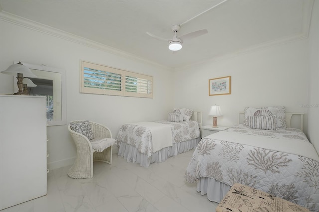 1350 N Portofino Dr Unit 208, Sarasota, FL 34242 - bedroom with crown molding, marble look tiles, and a ceiling fan